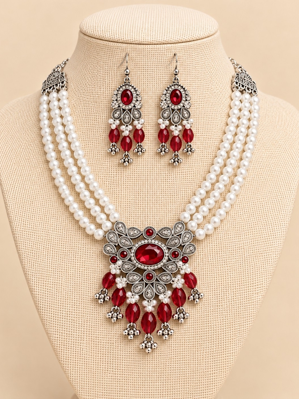 Elegant Pearl and Red Stone Statement Necklace Set